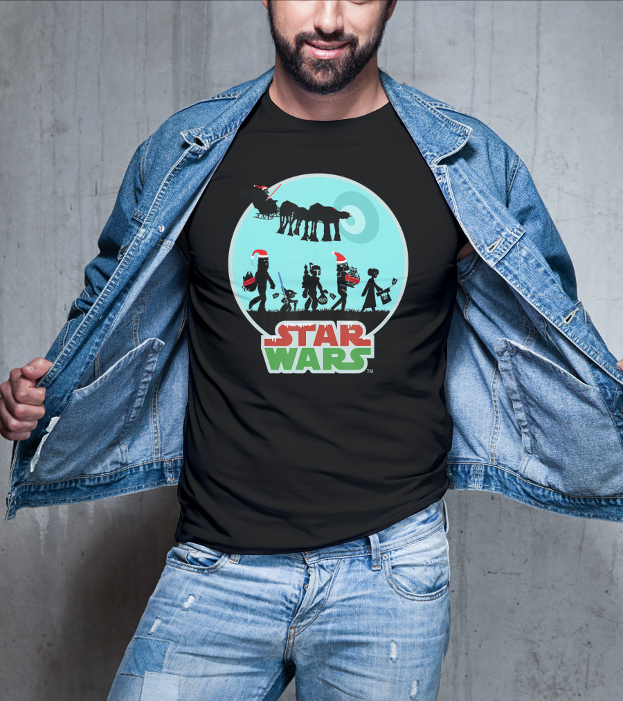 Star Wars Holiday Characters With Santa Hats And Death Star T-Shirt