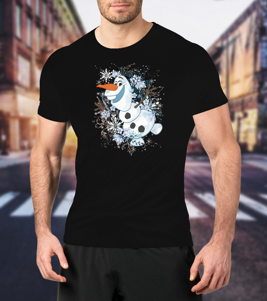 Disney Frozen Olaf Joyfully Dancing Among Snowflakes And Flowers T-Shirt