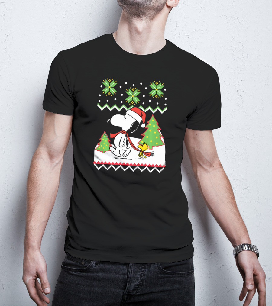 Peanuts Santa Snoopy Woodstock Snow Christmas Trees T-Shirt