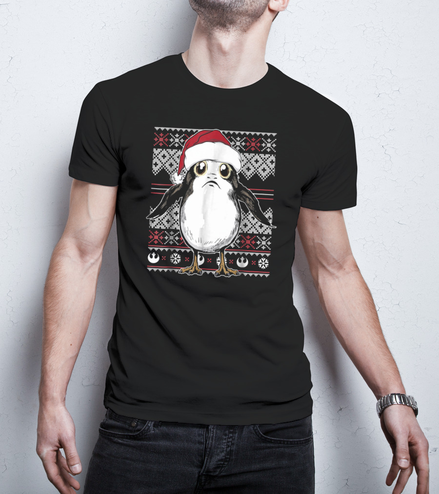 Star Wars Porg Santa Hat Christmas Sweater Pattern Rebel Alliance Snowflakes T-Shirt