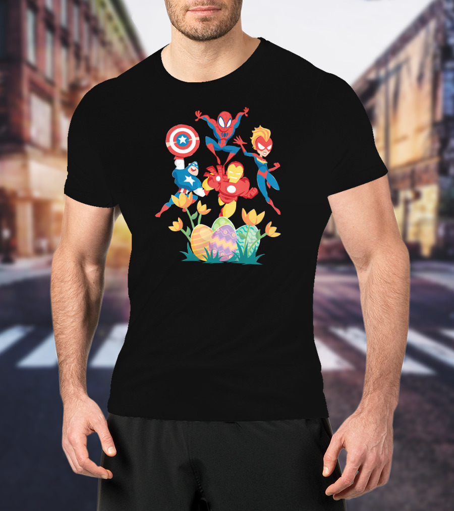 Marvel Avengers Easter Egg Hunt With Captain America Spiderman Iron Man And Captain Marvel T-Shirt
