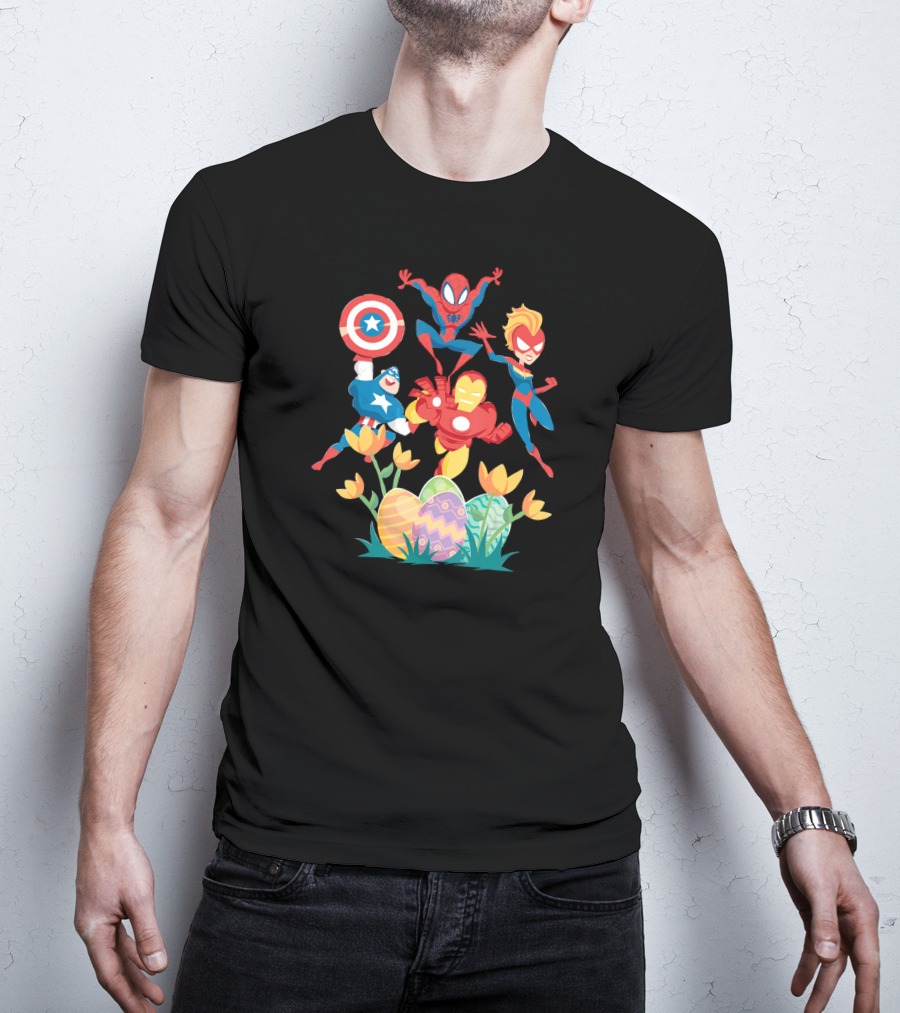 Marvel Avengers Easter Egg Hunt With Captain America Spiderman Iron Man And Captain Marvel T-Shirt