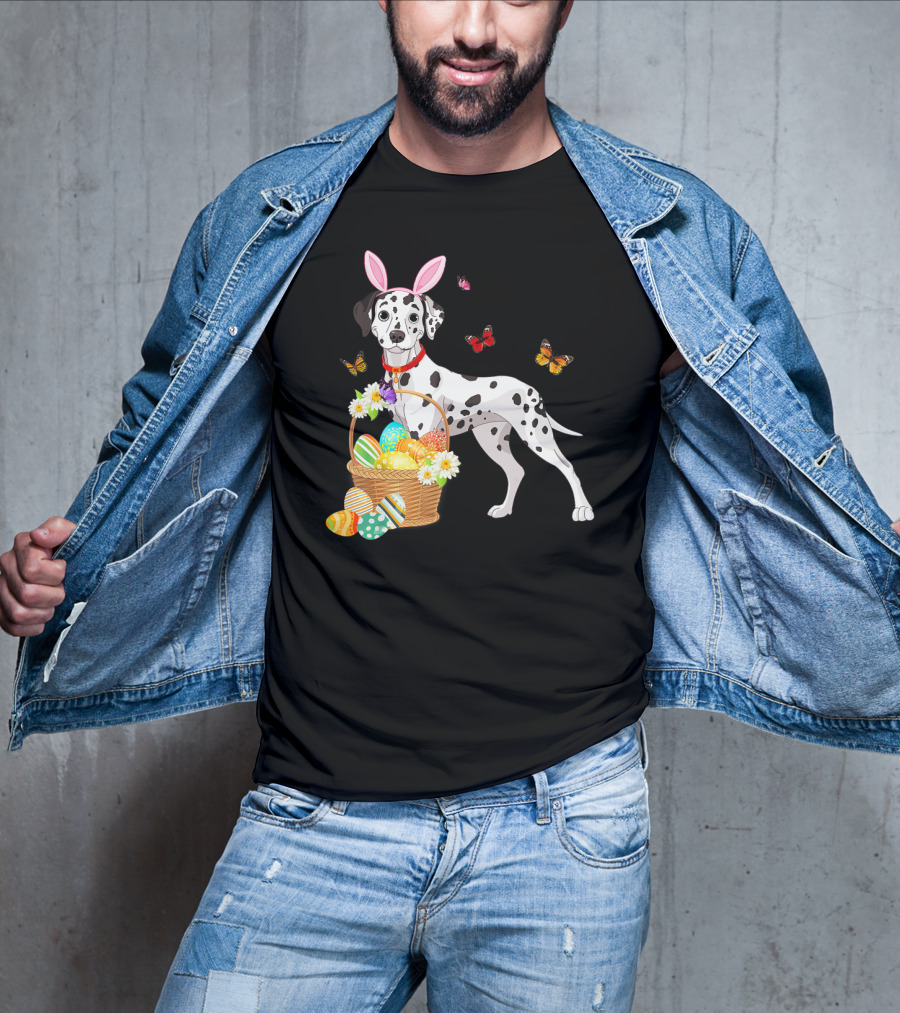 Dalmatian With Bunny Ears Holding Easter Egg Basket And Butterflies T-Shirt