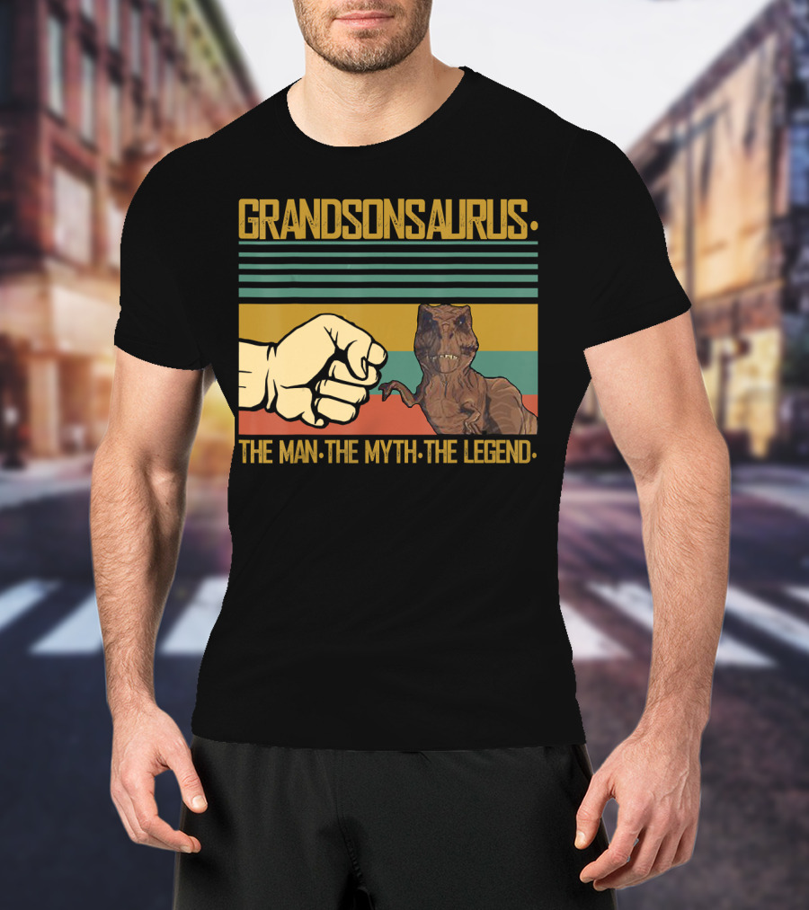 Grandsonsaurus The Man The Myth The Legend Dinosaur Fist Retro Stripes T-Shirt