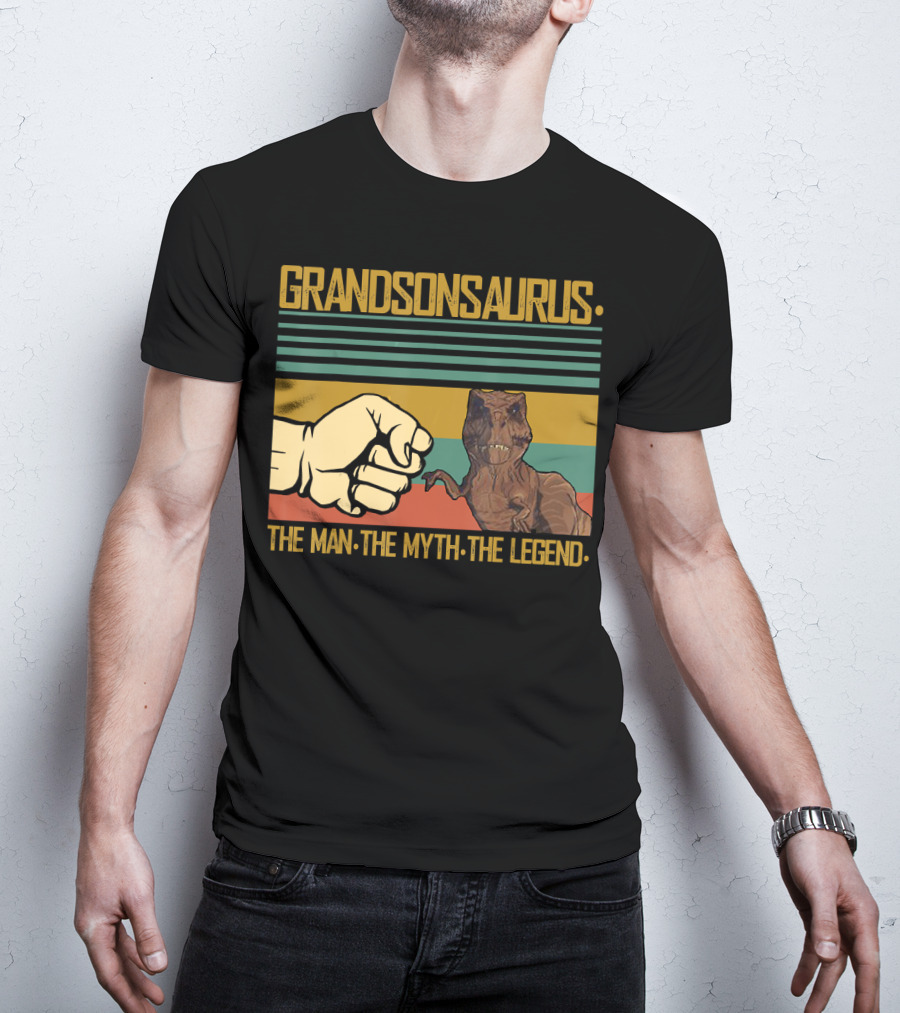 Grandsonsaurus The Man The Myth The Legend Dinosaur Fist Retro Stripes T-Shirt