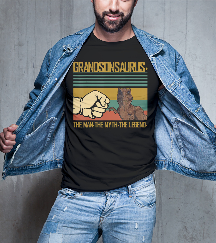 Grandsonsaurus The Man The Myth The Legend Dinosaur Fist Retro Stripes T-Shirt