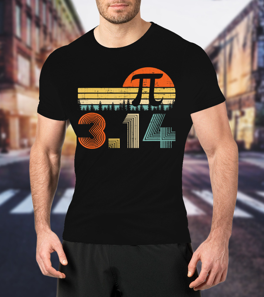 Pi Day Math Teacher 3.14 Retro Sunset Forest T-Shirt