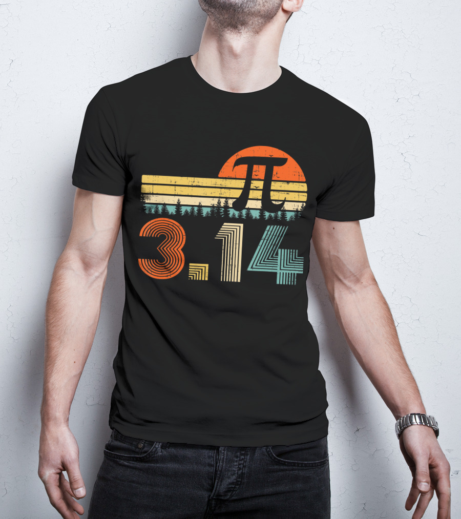 Pi Day Math Teacher 3.14 Retro Sunset Forest T-Shirt