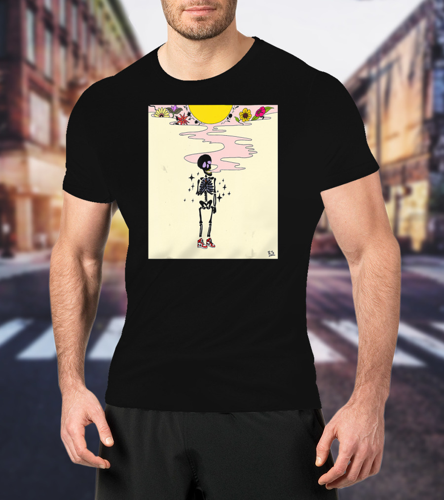 Smoking Skeleton Sun Flowers Sneakers Graphic Fashion T-Shirt