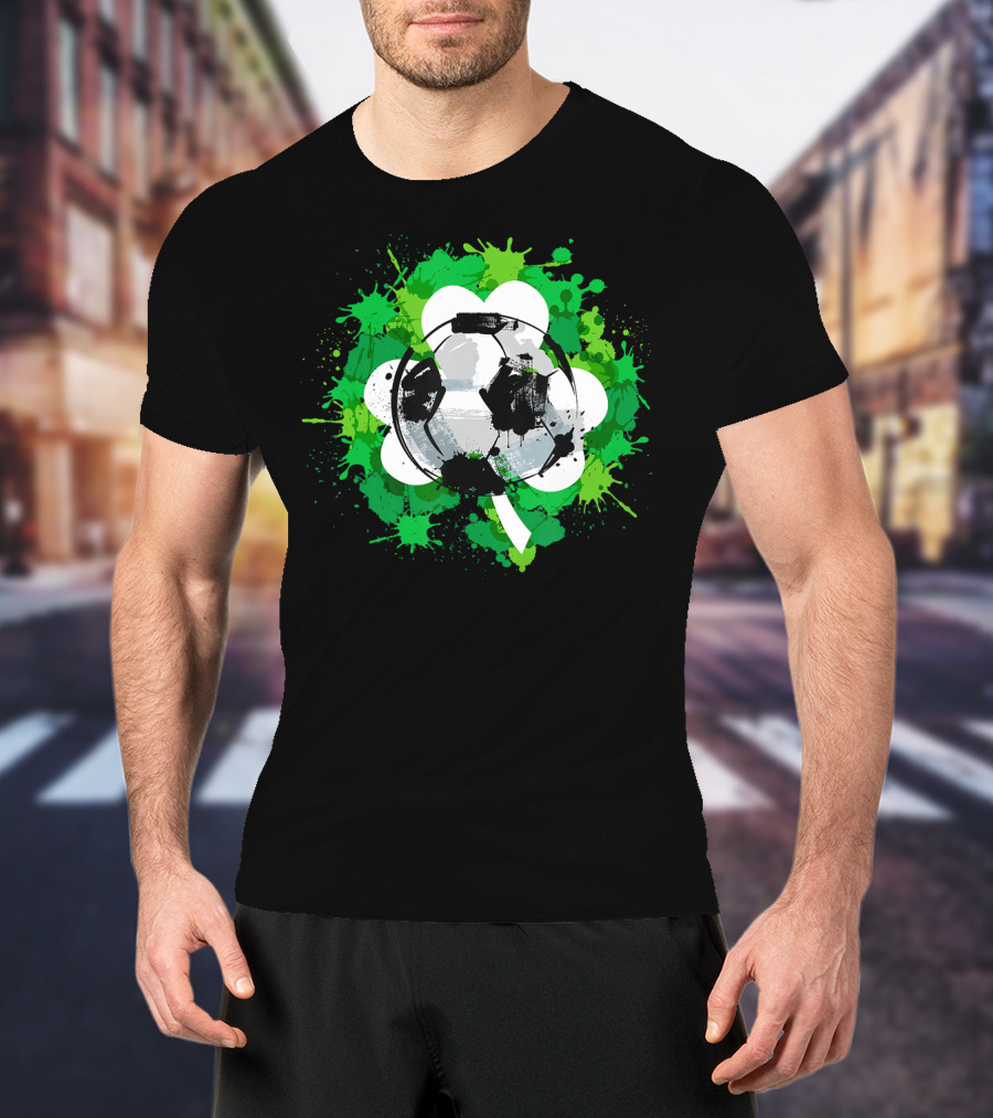 St Patrick's Day Soccer Ball Shamrock Green Splatter T-Shirt