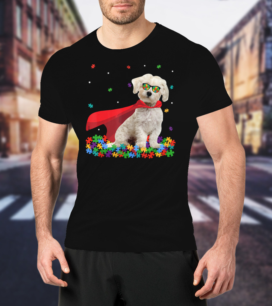 Superhero Maltese Dog Puzzle Pieces Autism Awareness T-Shirt