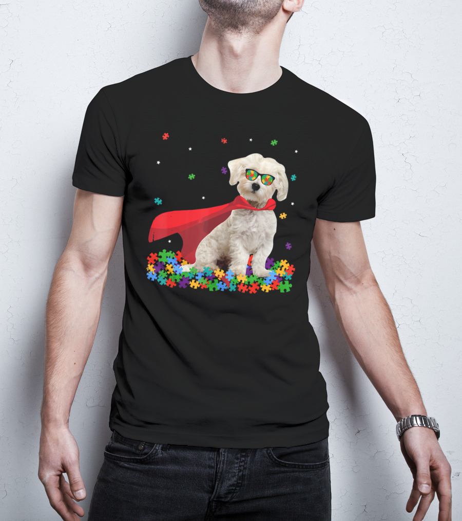 Superhero Maltese Dog Puzzle Pieces Autism Awareness T-Shirt