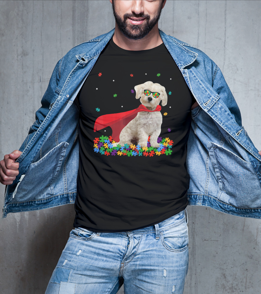 Superhero Maltese Dog Puzzle Pieces Autism Awareness T-Shirt