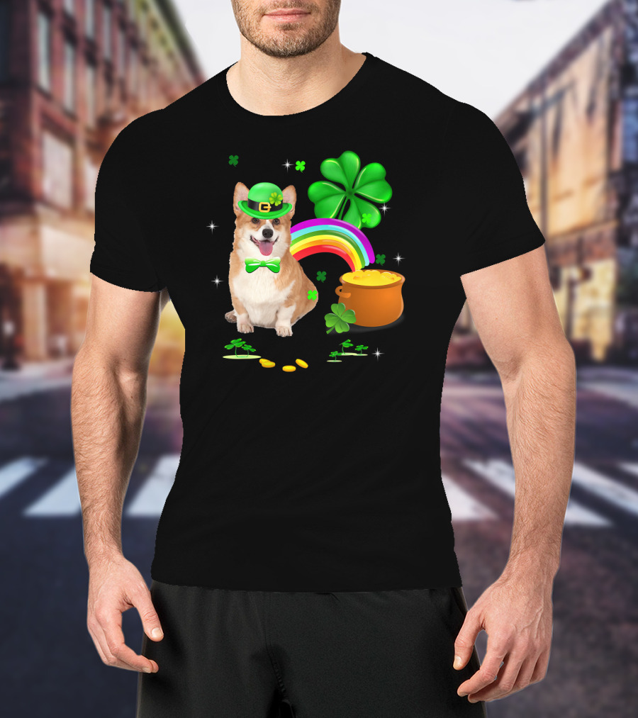 Corgi Dog Shamrock St Patricks Day Leprechaun Rainbow Pot Of Gold T-Shirt