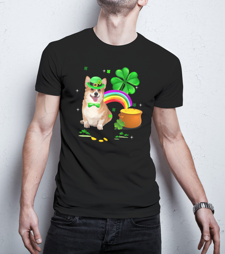 Corgi Dog Shamrock St Patricks Day Leprechaun Rainbow Pot Of Gold T-Shirt