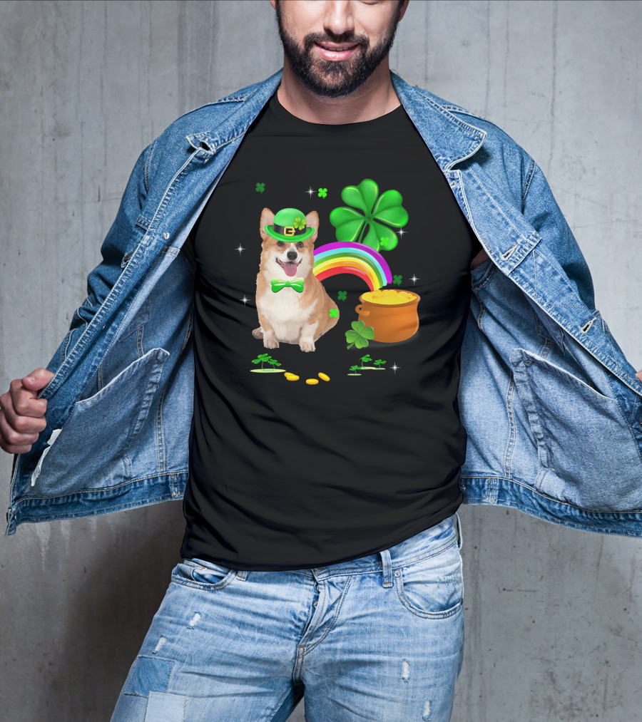 Corgi Dog Shamrock St Patricks Day Leprechaun Rainbow Pot Of Gold T-Shirt