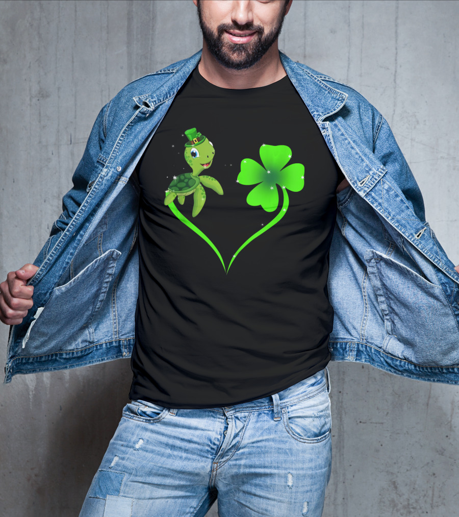 Happy St Patrick's Day Shamrock Turtle With Leprechaun Hat And Green Heart T-Shirt