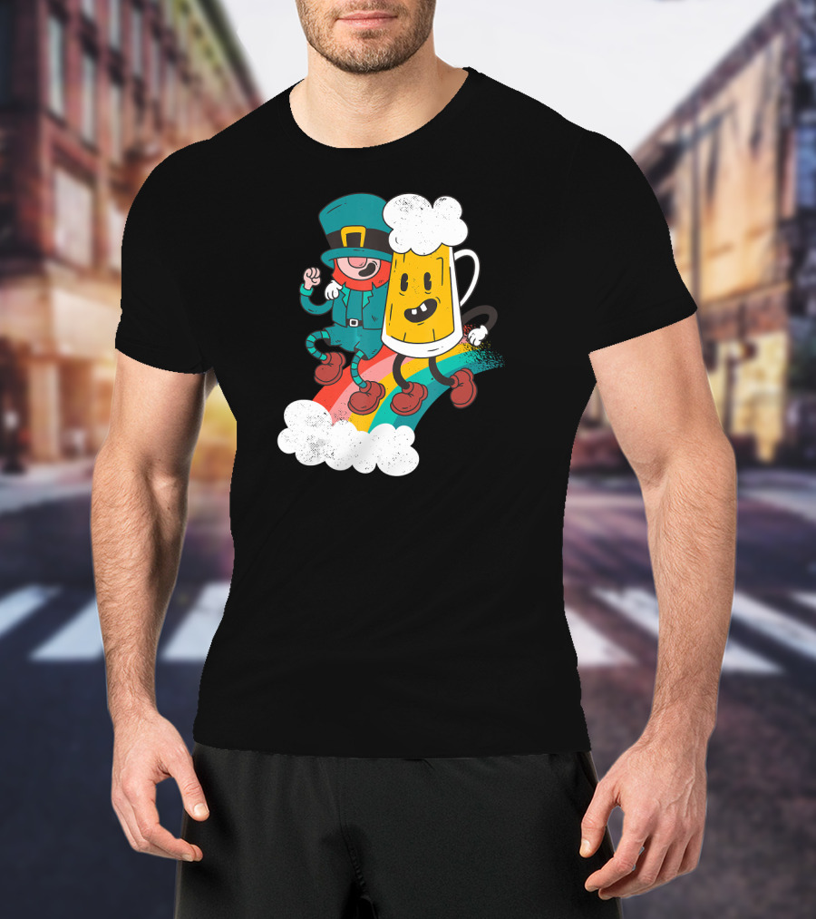 Leprechaun And Beer Besties Riding Rainbow With Clouds T-Shirt