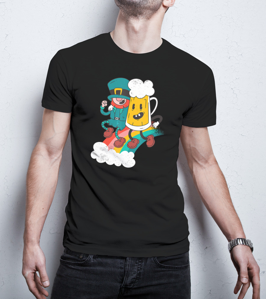 Leprechaun And Beer Besties Riding Rainbow With Clouds T-Shirt