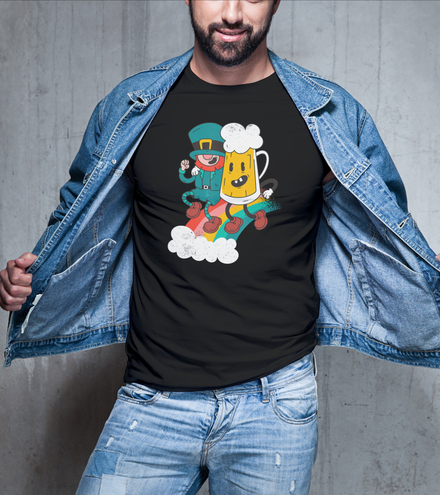 Leprechaun And Beer Besties Riding Rainbow With Clouds T-Shirt