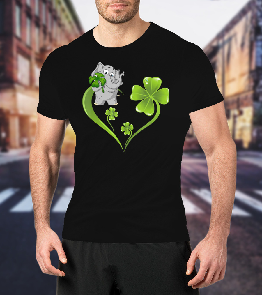Elephant With Shamrock Heart And Clover Leaves T-Shirt