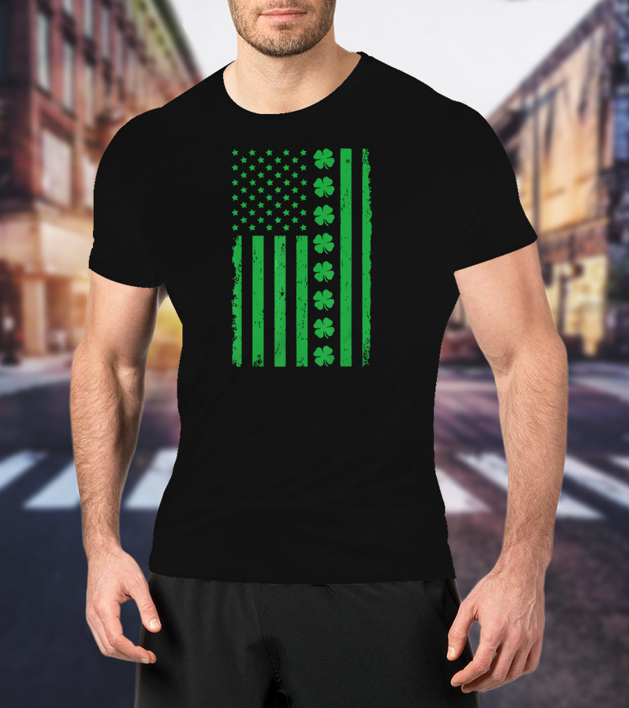 St Patrick Day Green Shamrock Irish American Flag T-Shirt
