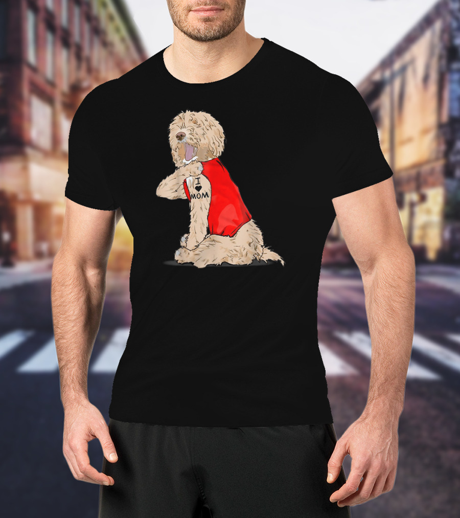 Labradoodle I Love Mom Tattoo Funny Dog In Red Vest Sitting Pose T-Shirt