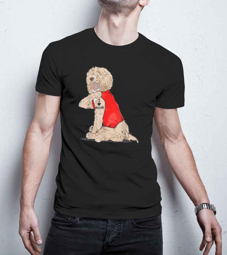 Labradoodle I Love Mom Tattoo Funny Dog In Red Vest Sitting Pose T-Shirt