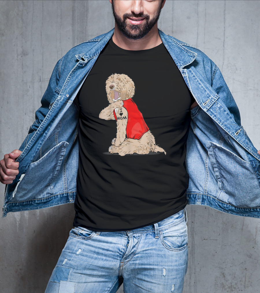 Labradoodle I Love Mom Tattoo Funny Dog In Red Vest Sitting Pose T-Shirt