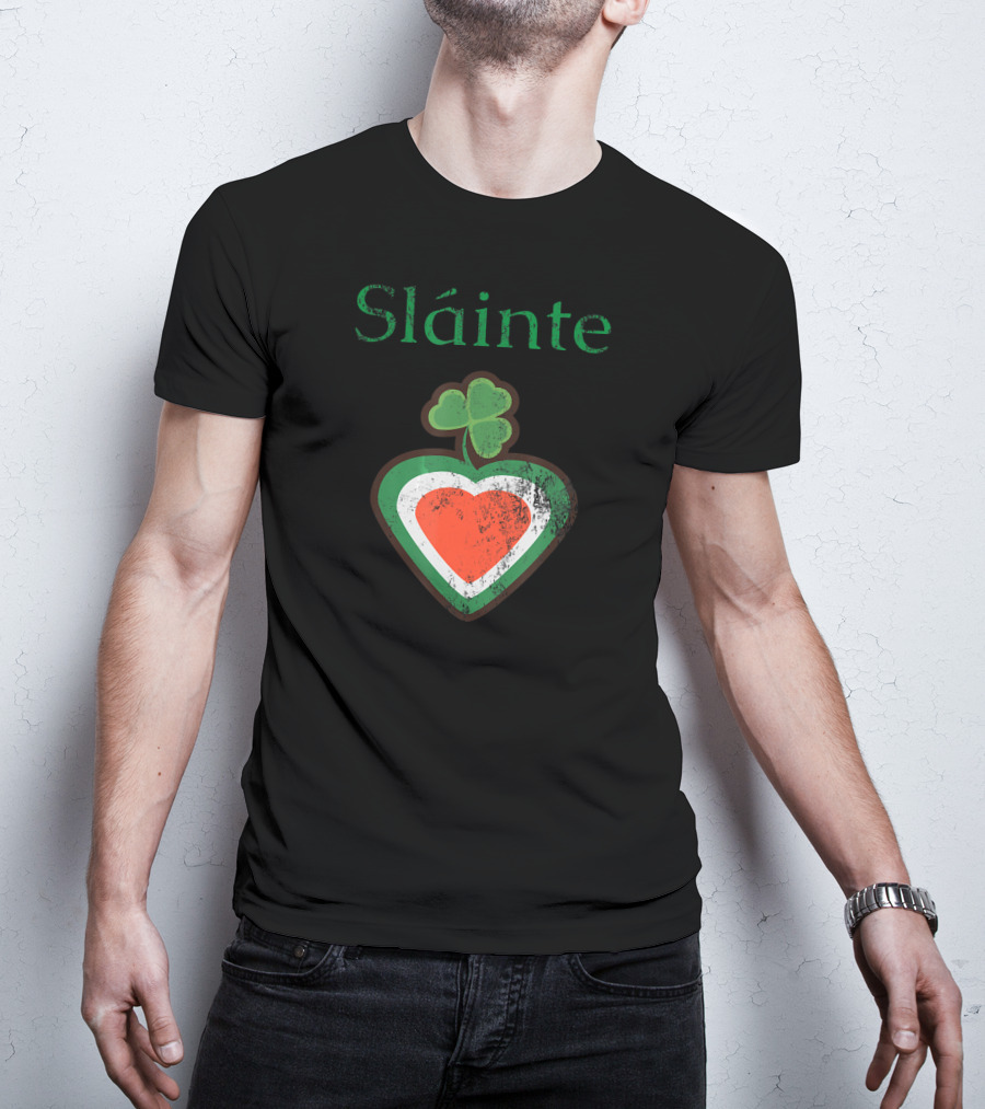 Sláinte Irish Shamrock Heart Green White Red T-Shirt
