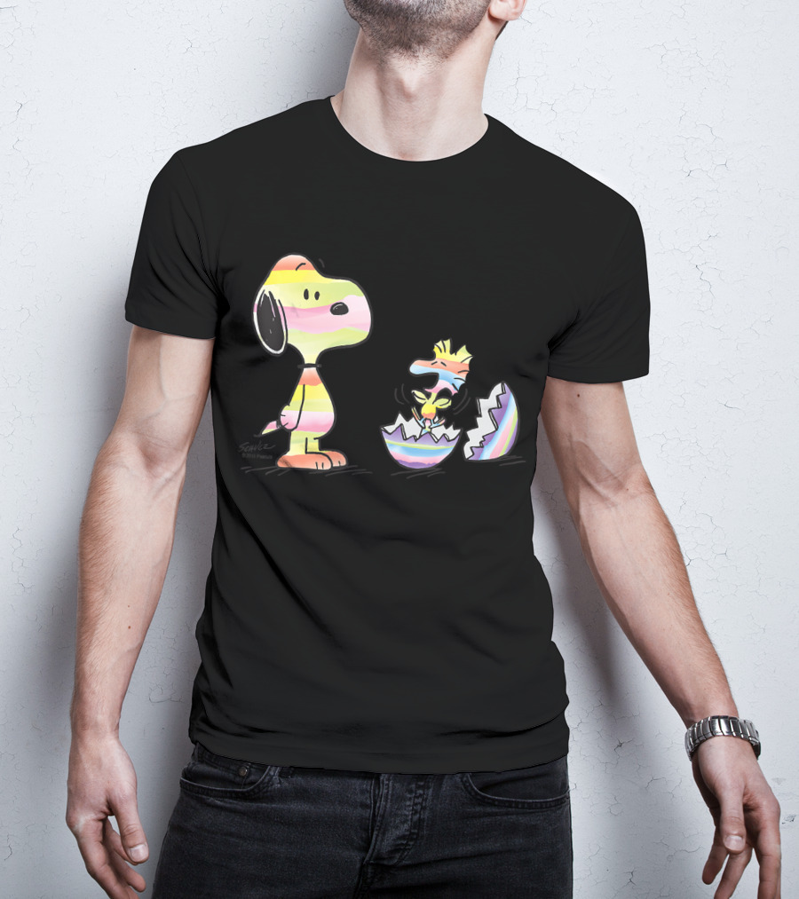 Peanuts Snoopy Woodstock Colorful Easter Egg Stripes T-Shirt