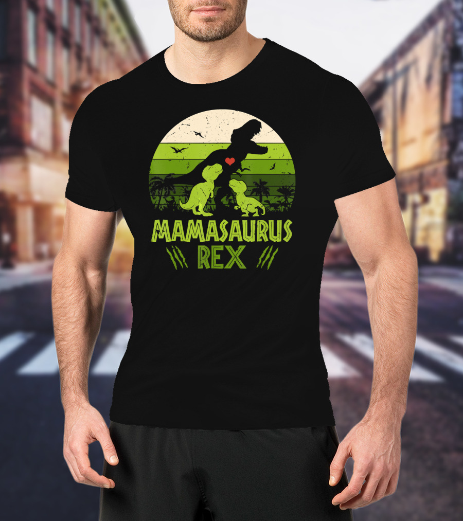 Mamasaurus Rex Dinosaur Lover Heart Jungle Scene With Two Kids T-Shirt