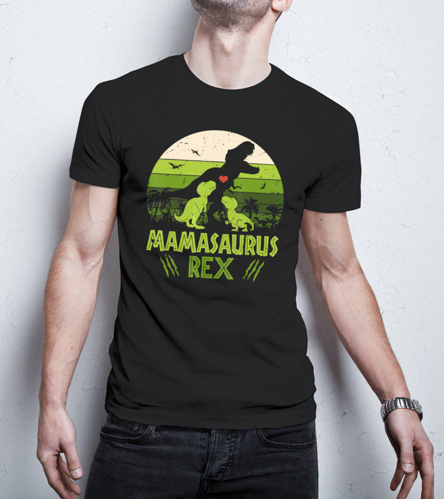 Mamasaurus Rex Dinosaur Lover Heart Jungle Scene With Two Kids T-Shirt