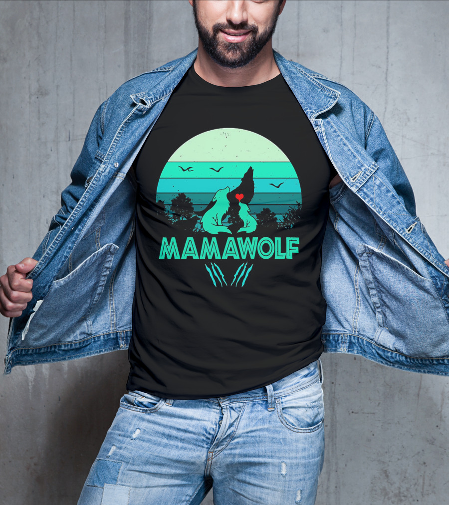 MAMAWOLF Babies Mom Vintage Wolf Heart Moon T-Shirt