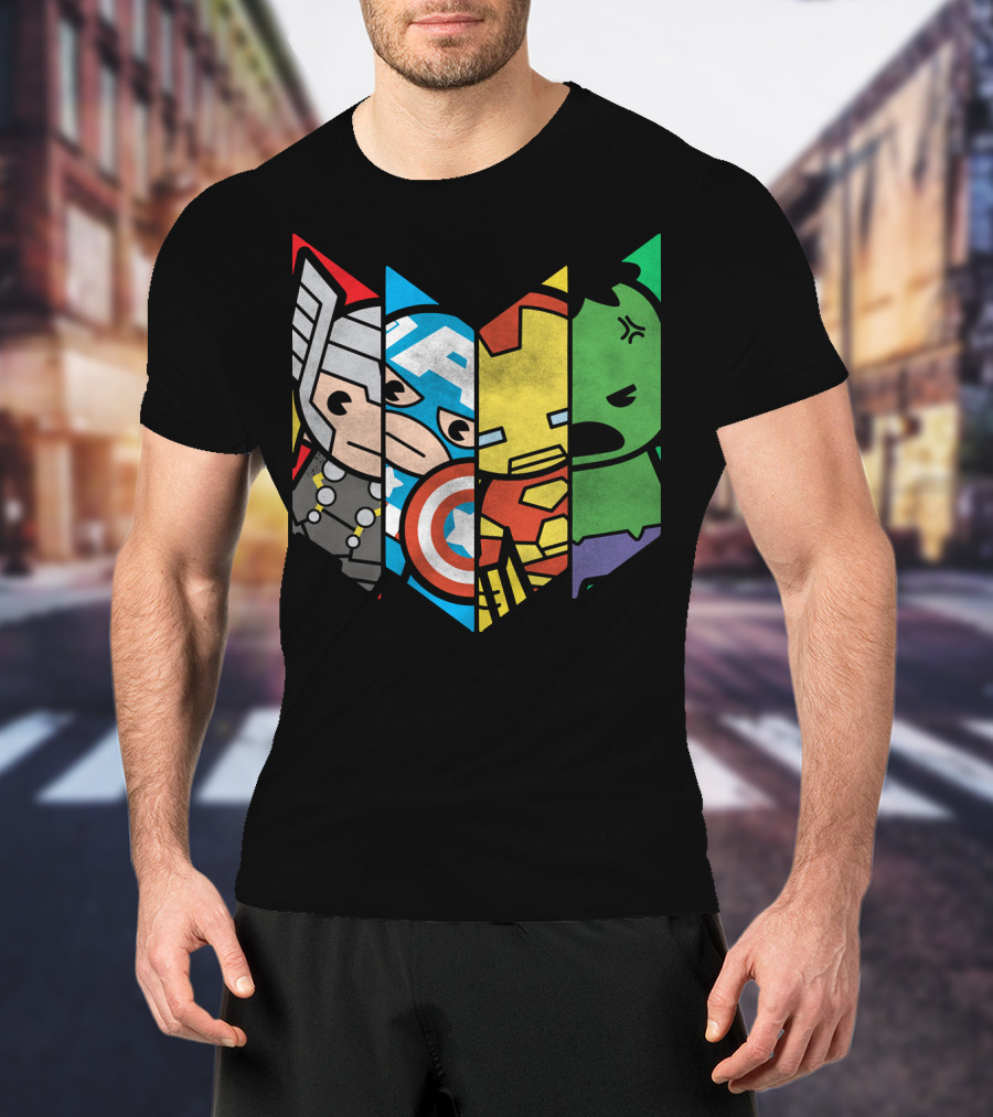 Marvel Avengers Cartoon Thor Captain America Iron Man Hulk Shield T-Shirt