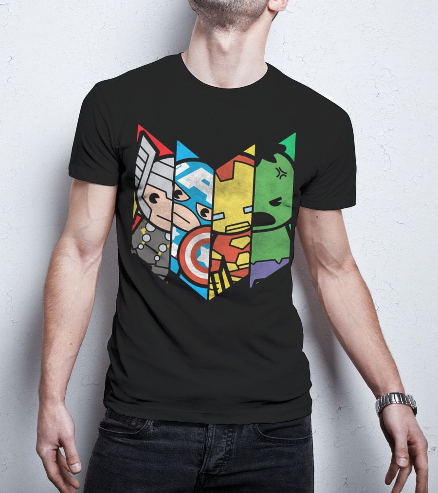 Marvel Avengers Cartoon Thor Captain America Iron Man Hulk Shield T-Shirt