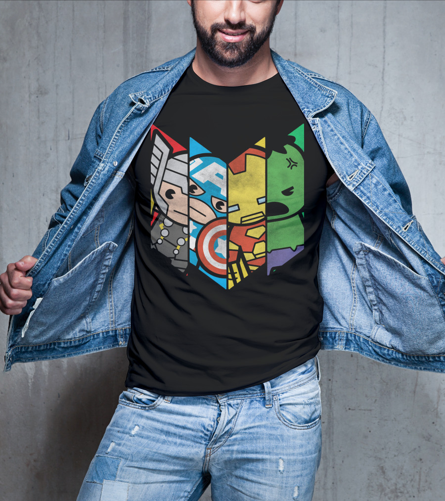 Marvel Avengers Cartoon Thor Captain America Iron Man Hulk Shield T-Shirt