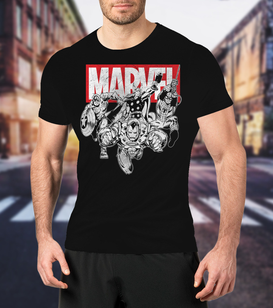 Marvel Avengers Captain America Thor Spider-Man Iron Man Grayscale T-Shirt