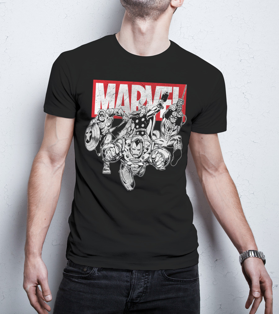 Marvel Avengers Captain America Thor Spider-Man Iron Man Grayscale T-Shirt
