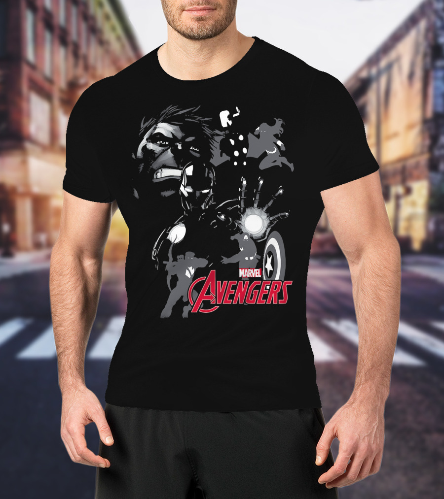 Marvel Avengers Hulk Iron Man Thor Black Widow Captain America Shadows T-Shirt