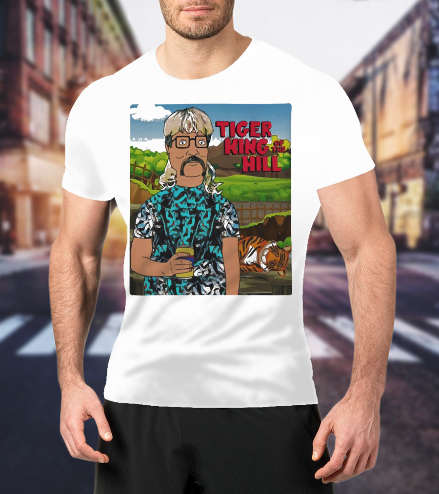 Tiger King Of The Hill In Cartoon Style With Tiger And Guy Holding Drink T-Shirt