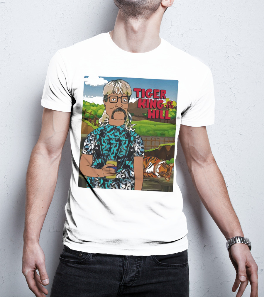 Tiger King Of The Hill In Cartoon Style With Tiger And Guy Holding Drink T-Shirt