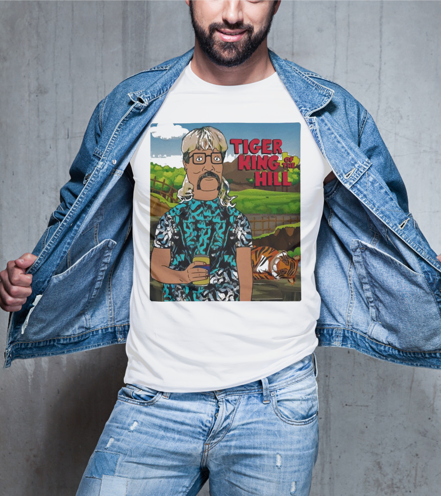 Tiger King Of The Hill In Cartoon Style With Tiger And Guy Holding Drink T-Shirt