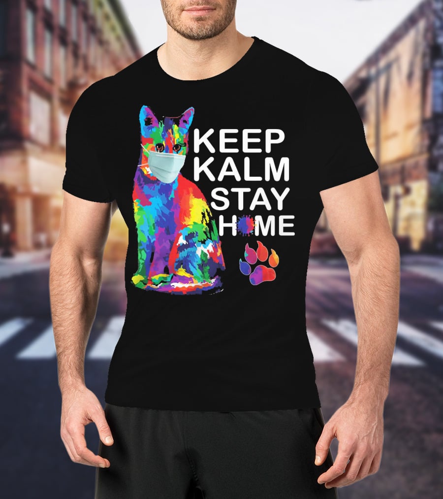 Colorful Masked Cat Keep Kalm Stay Home Ladies T-Shirt