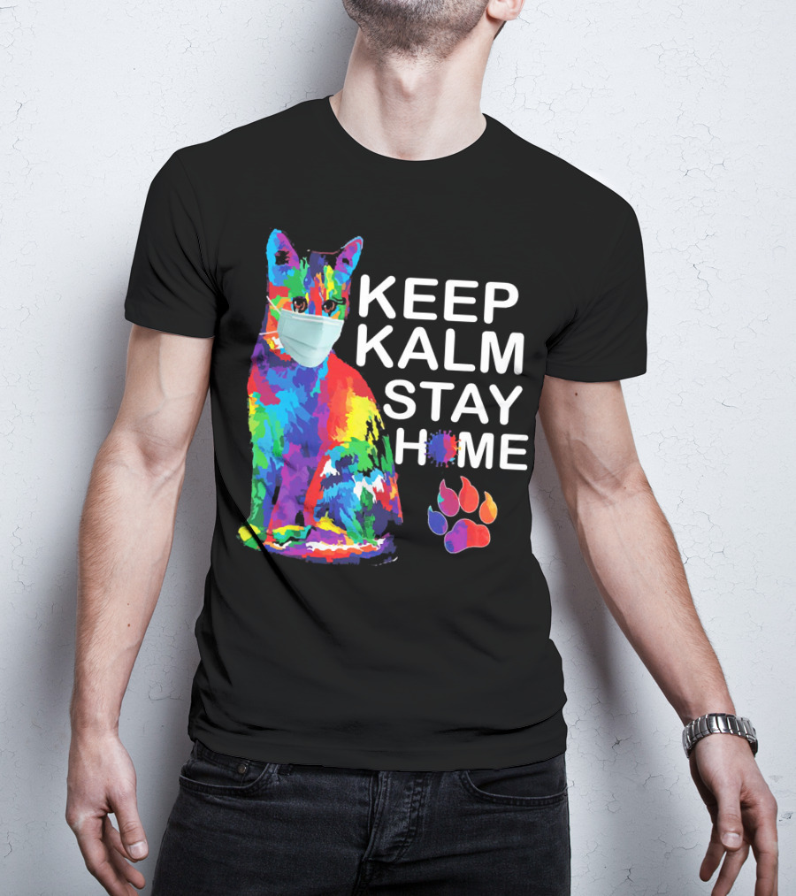 Colorful Masked Cat Keep Kalm Stay Home Ladies T-Shirt
