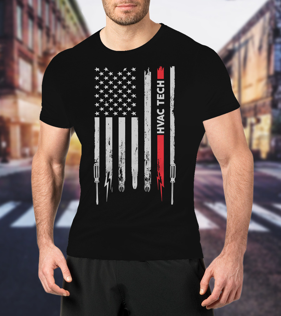 American Flag HVAC Tech Pride With Tools And Lightning 212 T-Shirt