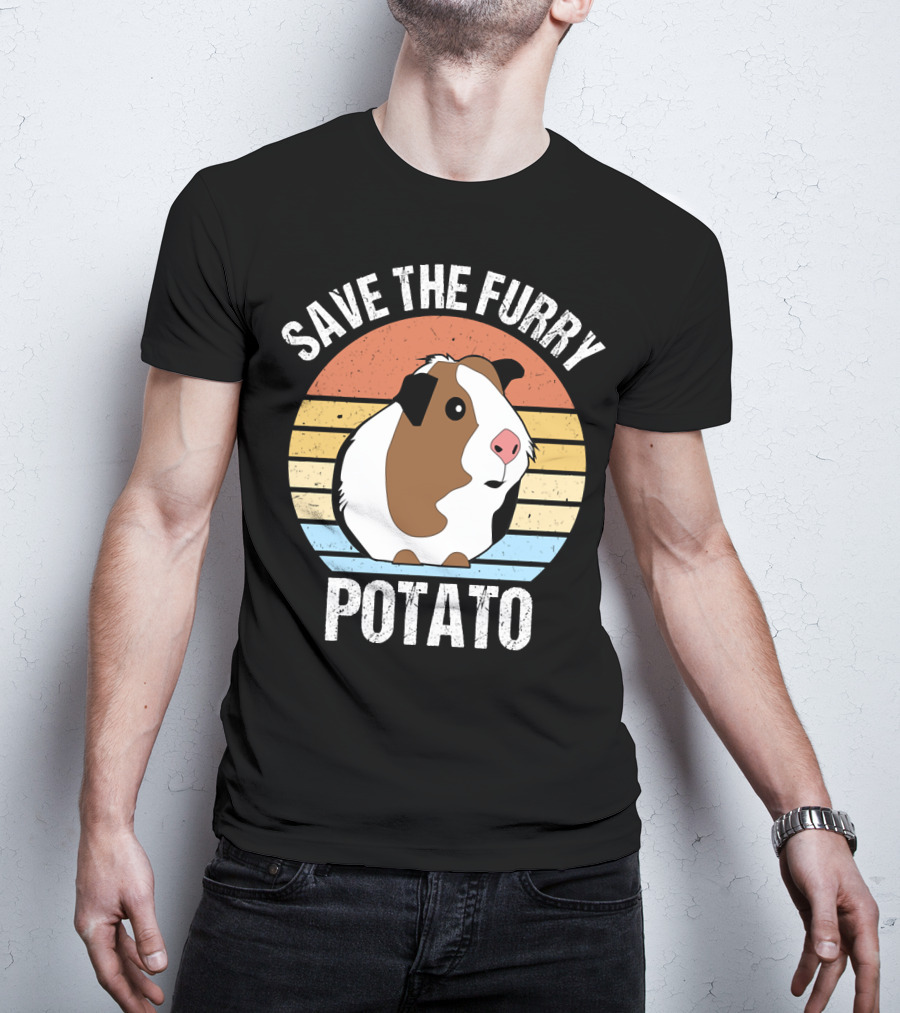 Save The Furry Potato Funny Guinea Pig Retro Sunset 181 T-Shirt