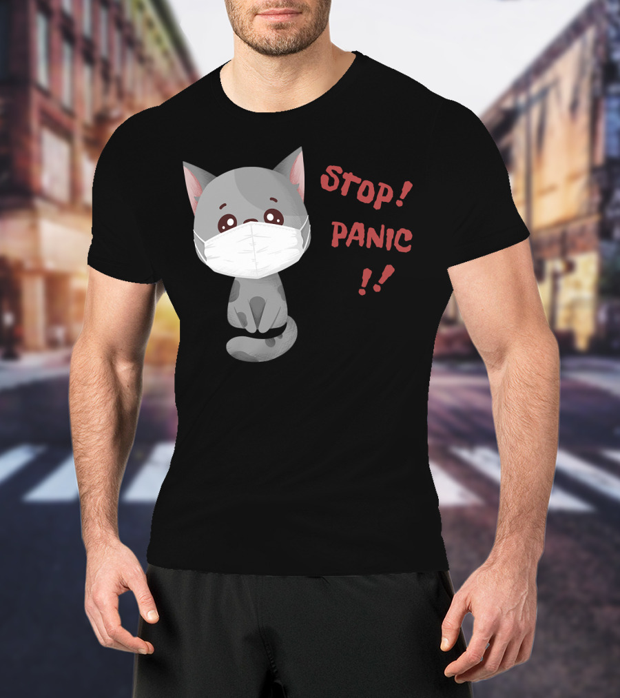 STOP PANIC Masked Cat Alert T-Shirt