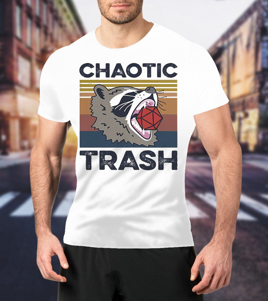 Chaotic Trash Game Raccoon D20 Dice Retro Stripes T-Shirt