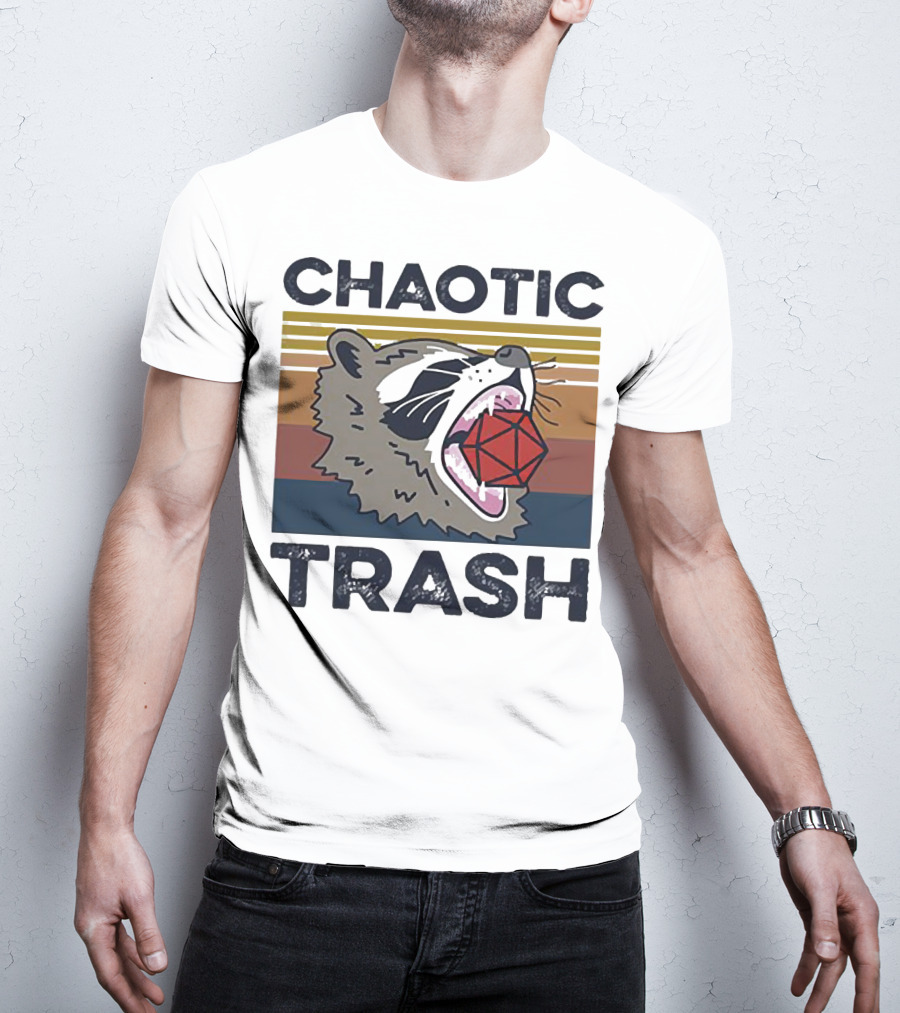 Chaotic Trash Game Raccoon D20 Dice Retro Stripes T-Shirt